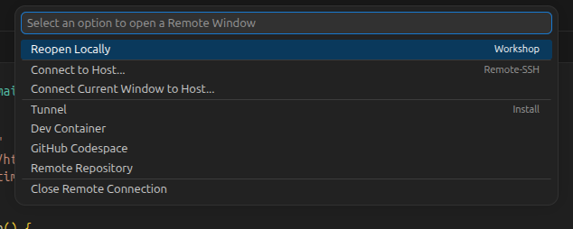 The remote indicator menu with the Reopen Locally entry highlighted